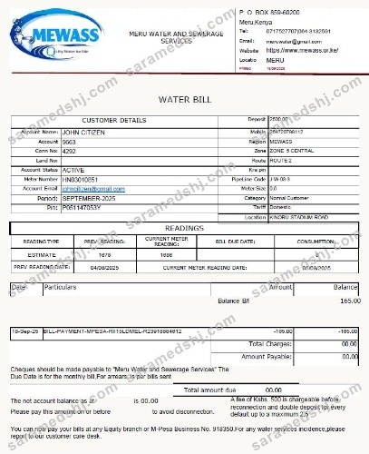 Kenya Meru Water and Sewerage Services utility bill template in Word and PDF formats